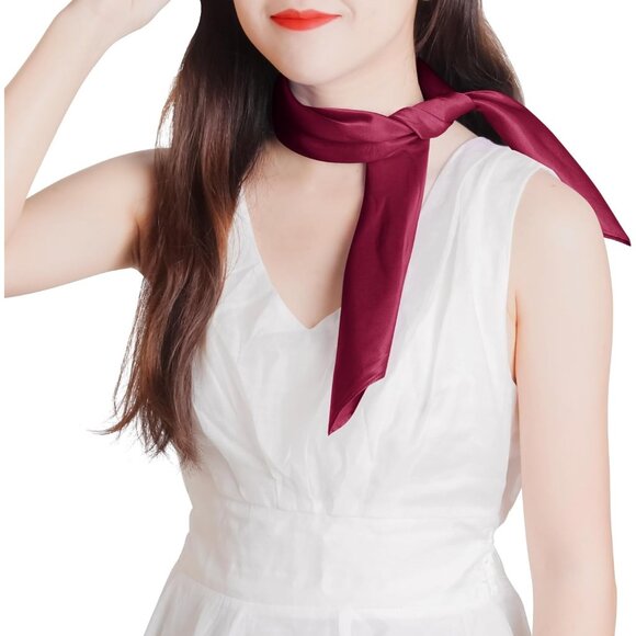 Women Wine Red Chiffon Square Ribbon Neck Scarf Satin Handkerchief For Halloween - Picture 6 of 7
